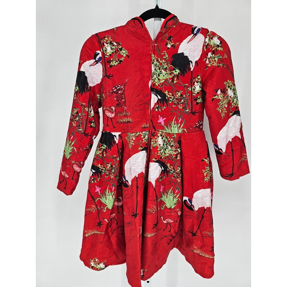 Vintage Girls Sz L red Crane Print Qi Pao Cheongsam Dress Long Sleeve - Picture 5 of 5